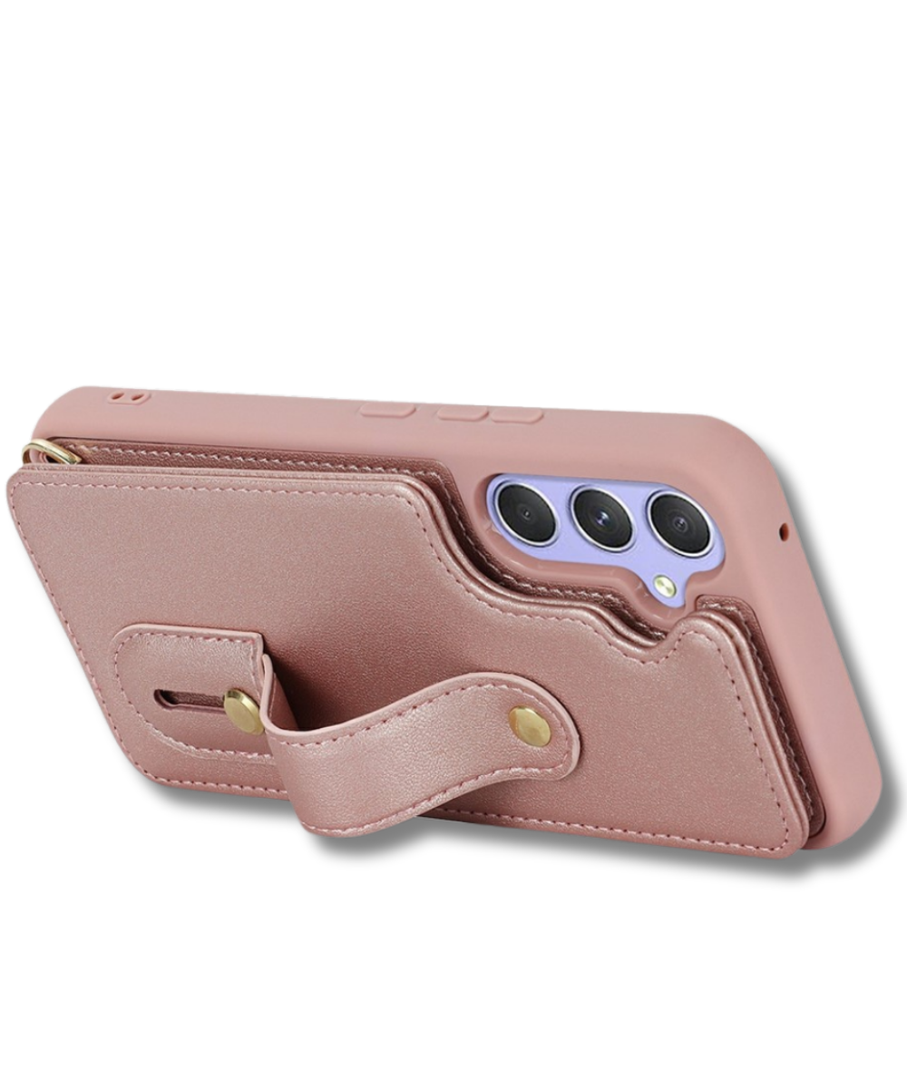 Samsung Galaxy S26 Case Kickstand Card Slots Leather Coated TPU Cover with Shoulder Strap Roze