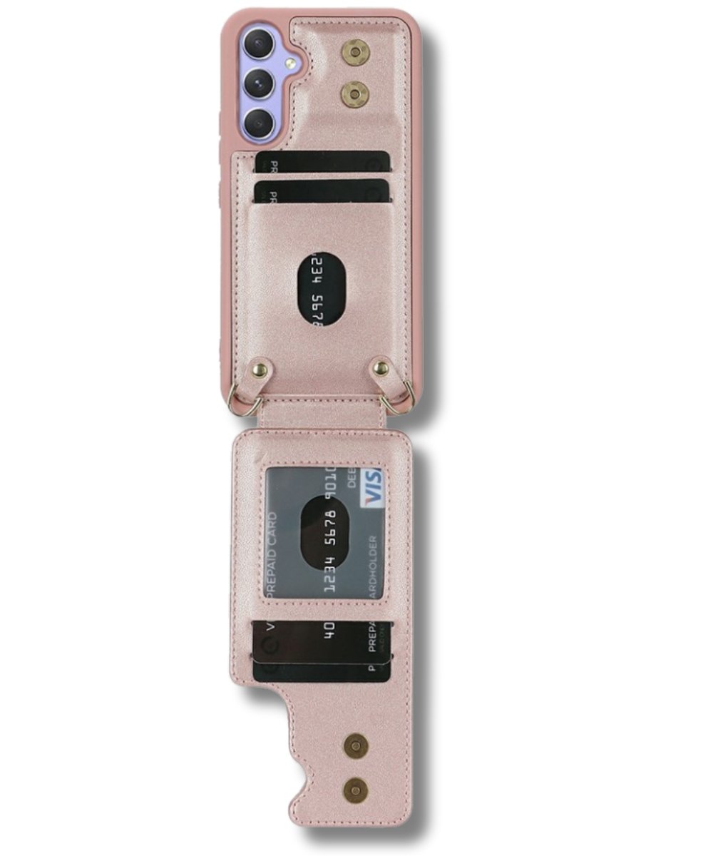 Samsung Galaxy S26 Case Kickstand Card Slots Leather Coated TPU Cover with Shoulder Strap Roze