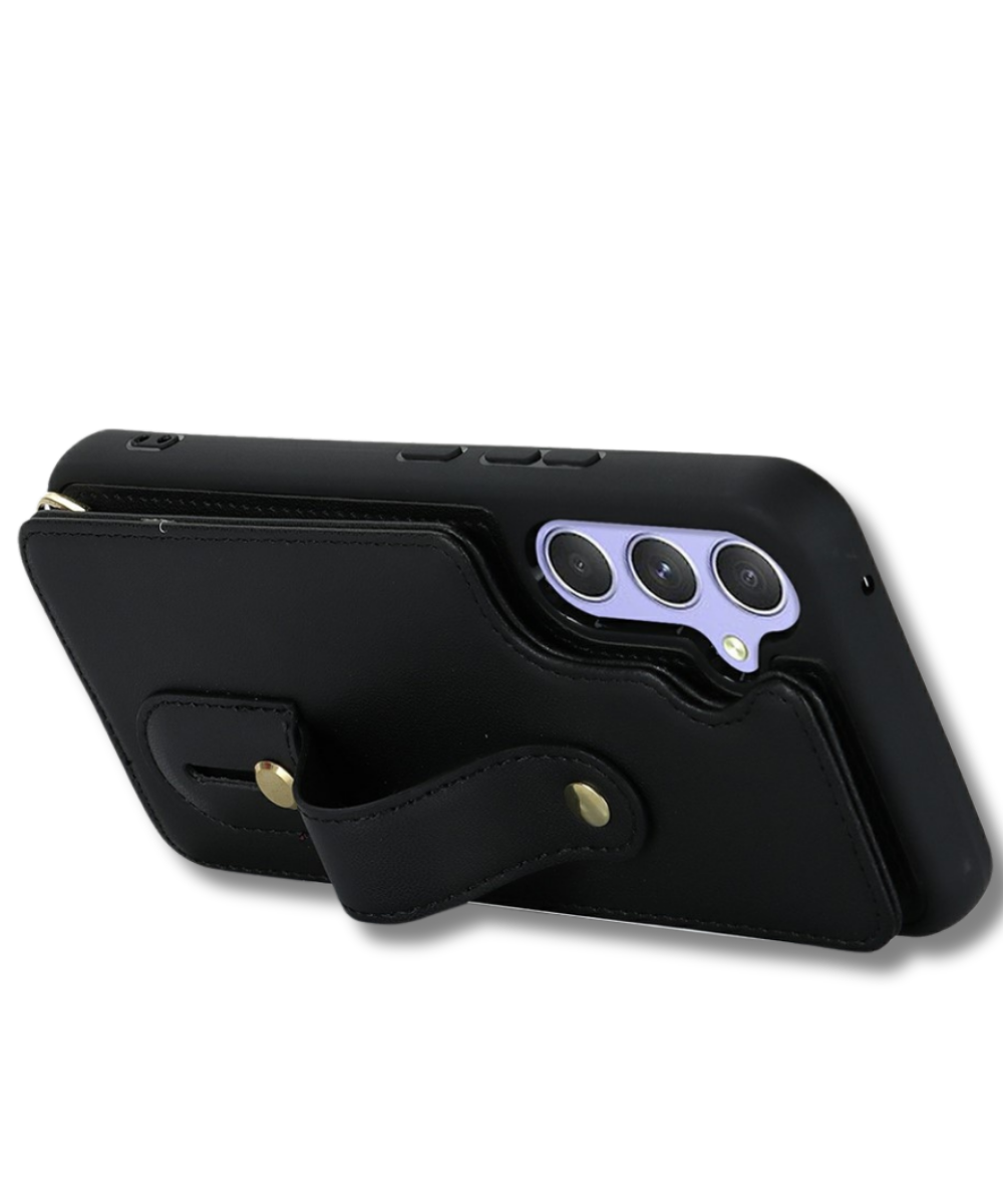 Samsung Galaxy S26 Case Kickstand Card Slots Leather Coated TPU Cover with Shoulder Strap - Black