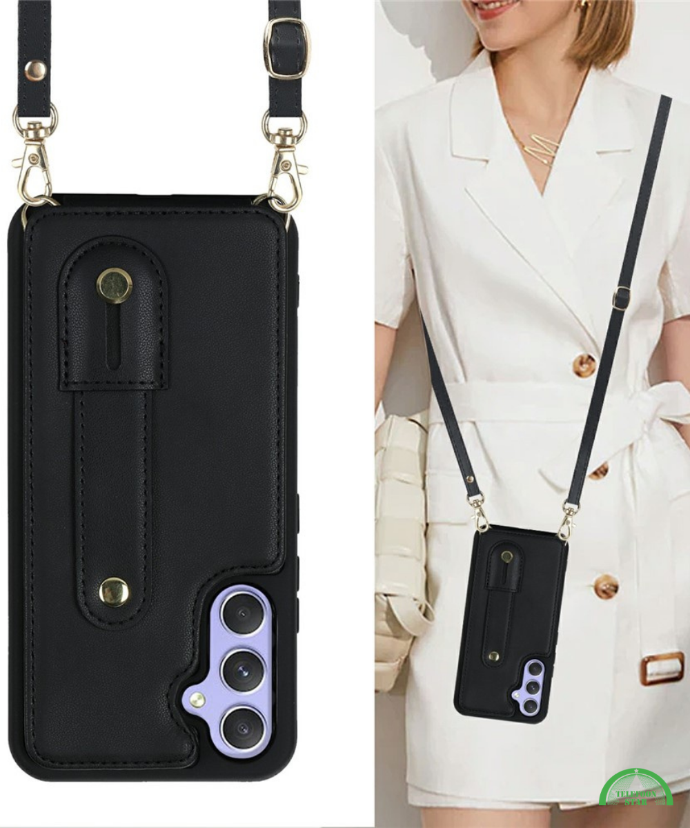 Samsung Galaxy S26 Case Kickstand Card Slots Leather Coated TPU Cover with Shoulder Strap - Black