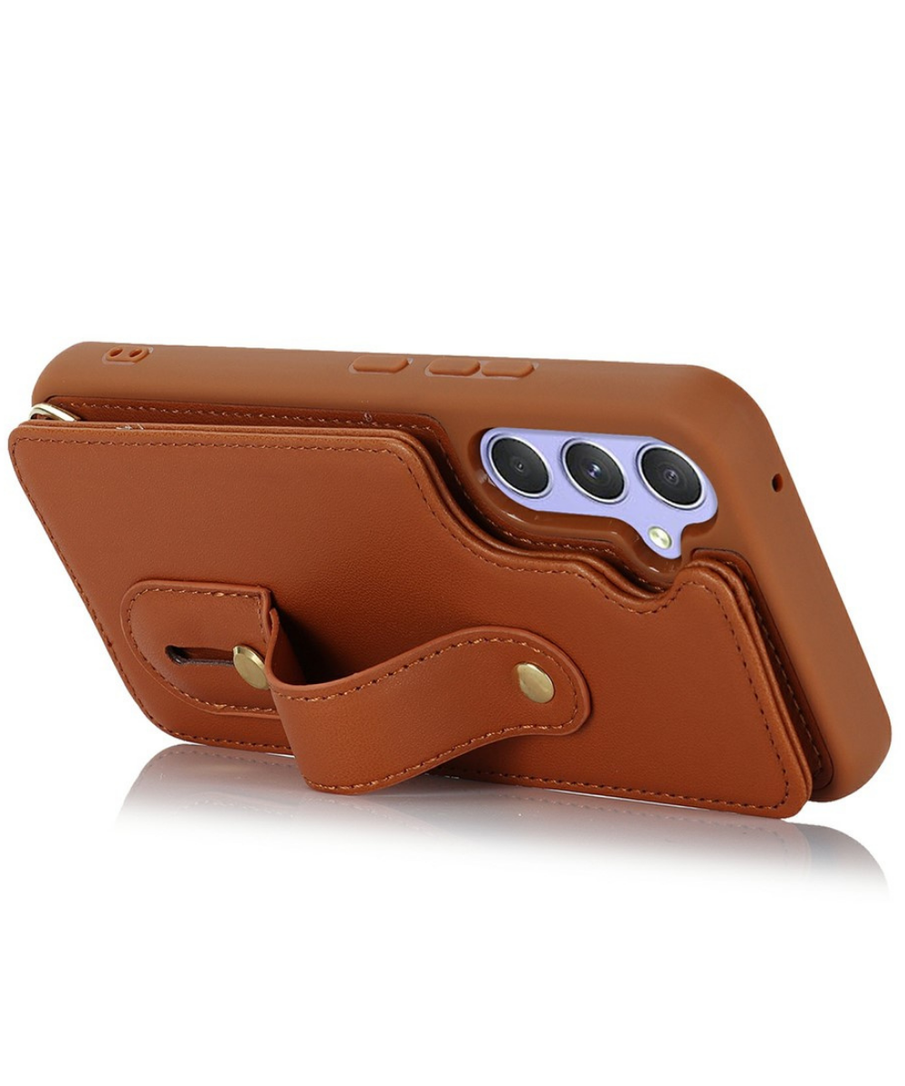 Samsung Galaxy S26 Case Kickstand Card Slots Leather Coated TPU Cover with Shoulder Strap Bruin