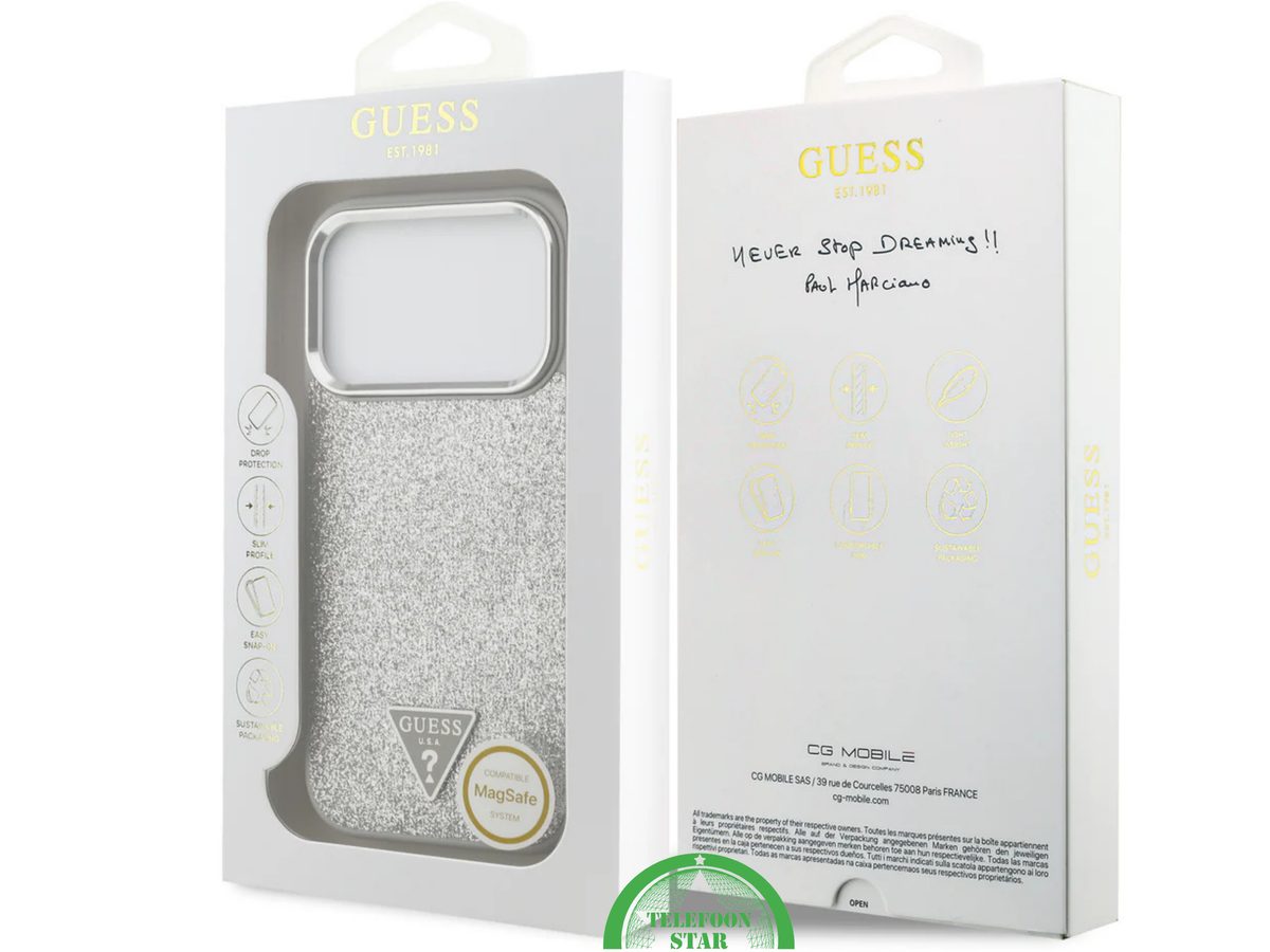 Guess iPhone 17 Pro Max Hoesje met MagSafe – Zilveren Glitter Luxe Bescherming
