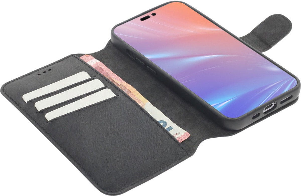iPhone 15 Plus 2 in 1 Hoesje | 100% Leer | Minimalistisch | Zwart