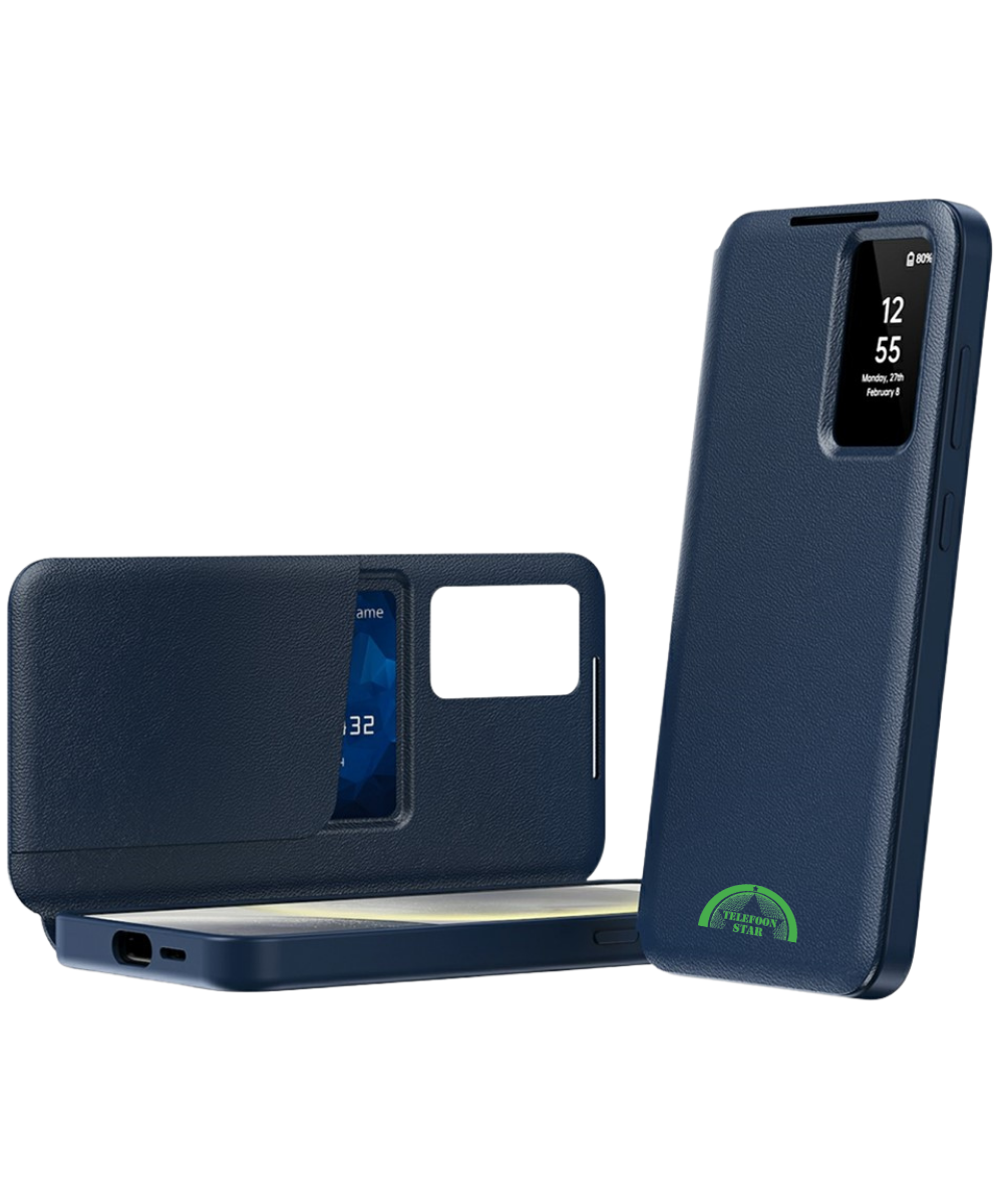 Samsung Galaxy S26 Ultra Donker Bluwe Wallet Case Met Smart Window Bescherming