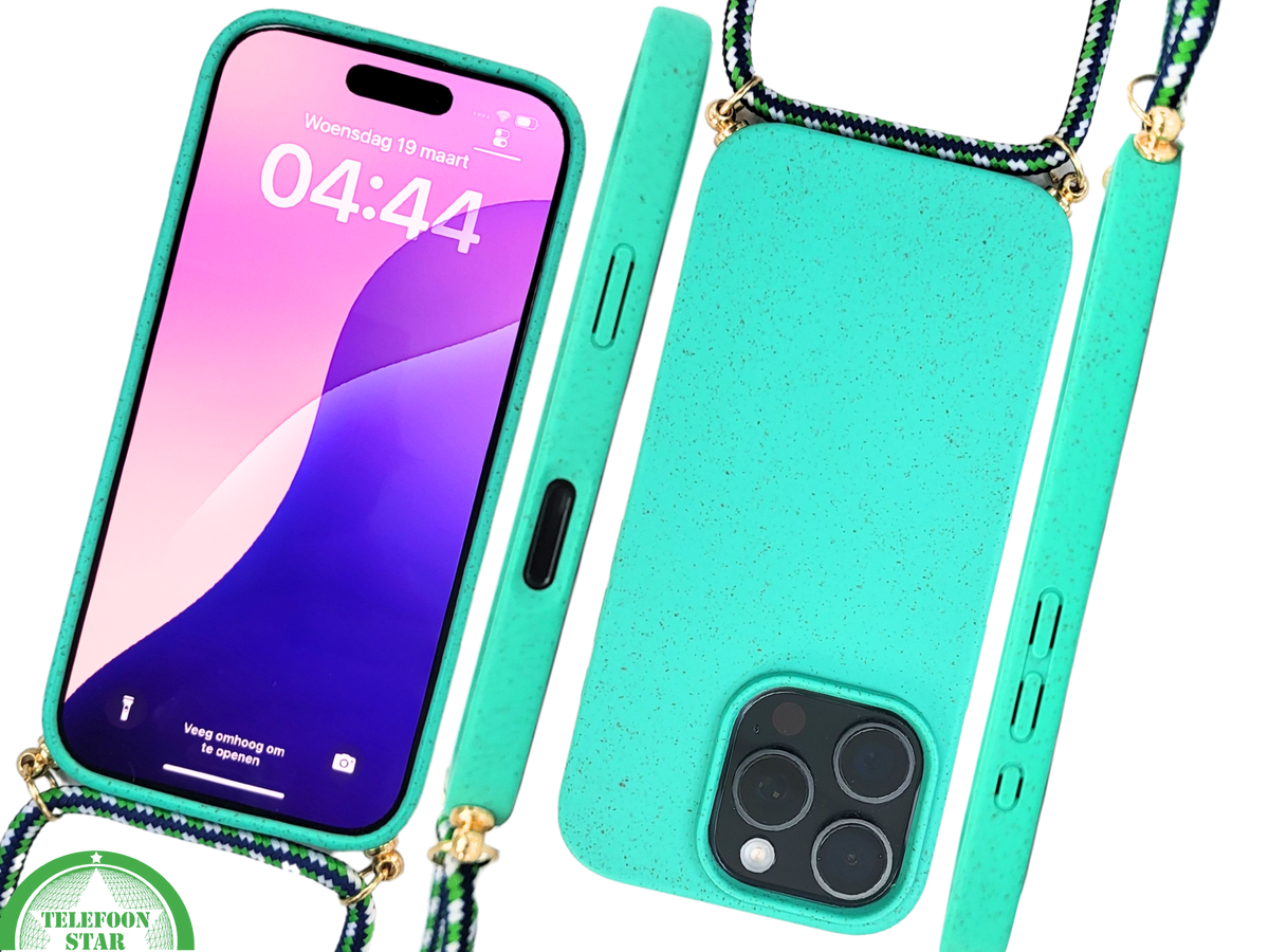 Groen Eco Koord Hoesje &ndash; Duurzaam Siliconen Touwkoord Case Met Draagkoord voor iPhone 16 Pro