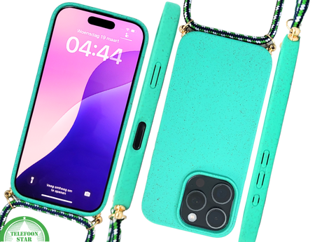 Groen Eco Koord Hoesje &ndash; Duurzaam Siliconen Touwkoord Case Met Draagkoord voor iPhone 16 Pro