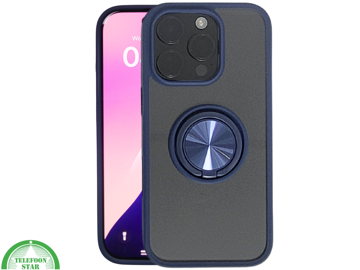 iPhone 16 Pro Donkerblauw Hoesje Met Ringhouder Stevige Rugcover Voor Extra Grip