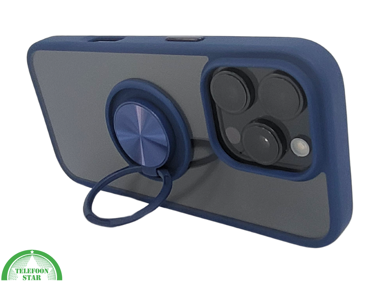 iPhone 16 Pro Donkerblauw Hoesje Met Ringhouder Stevige Rugcover Voor Extra Grip