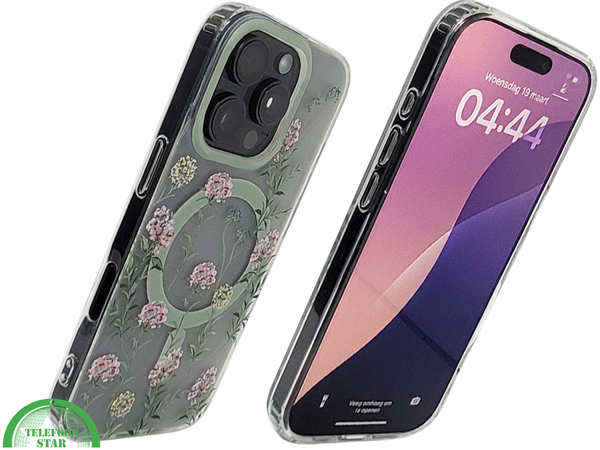 iPhone 16 Pro Transparant Hoesje Met Groene Bloemenprint Elegante Achterkant Bescherming
