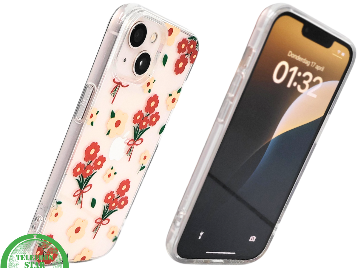 iPhone 13 / 14 Hoesje &ndash; Transparant Bloemenprint met Rode Boeketten | Telefoonstar