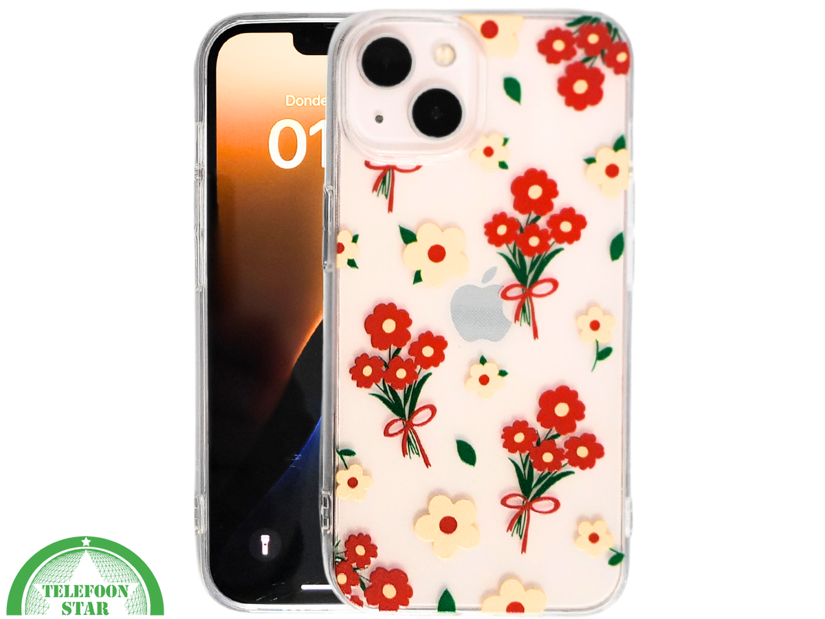 iPhone 13 / 14 Hoesje &ndash; Transparant Bloemenprint met Rode Boeketten | Telefoonstar