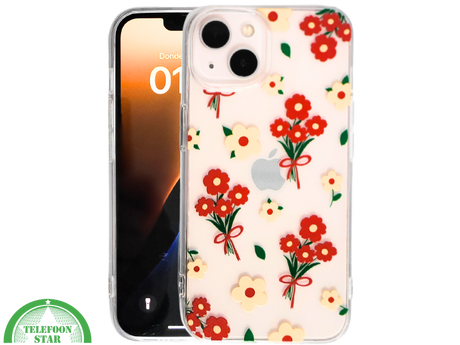 iPhone 13 / 14 Hoesje &ndash; Transparant Bloemenprint met Rode Boeketten | Telefoonstar