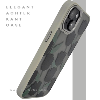 iPhone 15 Plus Hoesje &ndash; Zwarte Tulpen Design met Beige Rand | Stijlvol &amp; Betaalbaar