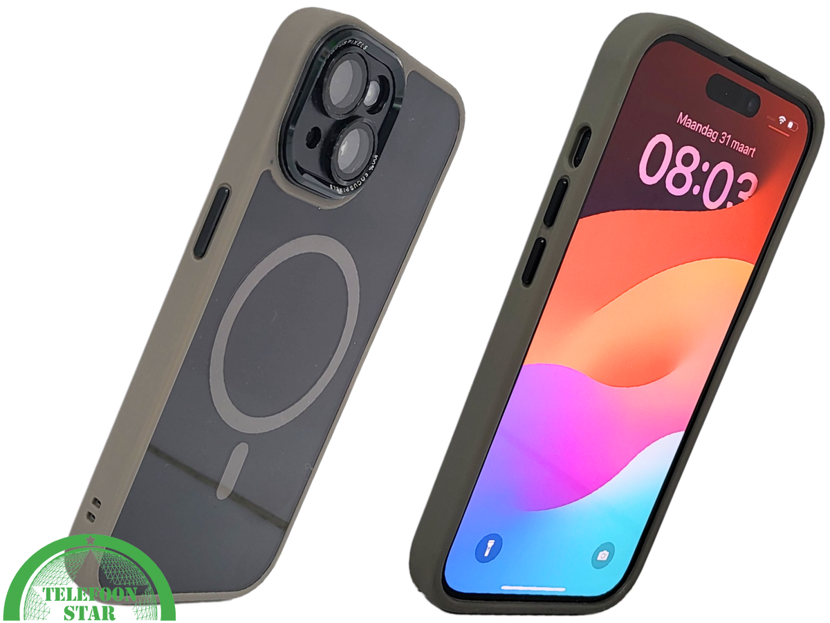 iPhone 15 Hoesje &ndash; Transparant met Beige Rand &amp; MagSafe | Elegant, Neutraal &amp; Praktisch