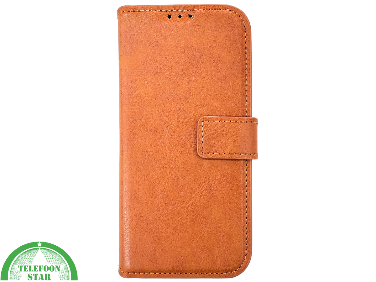 Cognac Bookcase Hoesje twee en een iPhone 15 Pro Max &ndash; Lederen Look &amp; Kaartvak | Telefoonstar.nl