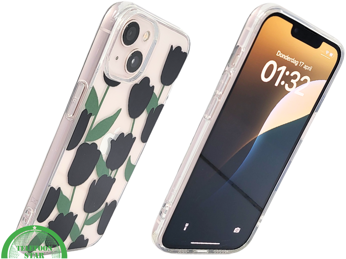 iPhone 13 / 14 Hoesje &ndash; Transparante Case met Zwarte Tulpen | Telefoonstar