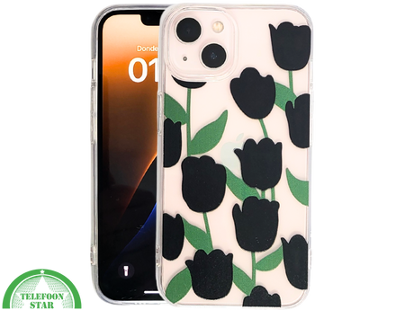 iPhone 13 / 14 Hoesje &ndash; Transparante Case met Zwarte Tulpen | Telefoonstar