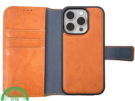 Cognac Bookcase Hoesje twee en een iPhone 15 Pro Max &ndash; Lederen Look &amp; Kaartvak | Telefoonstar.nl