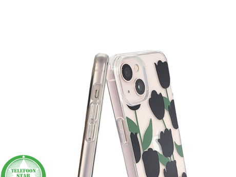iPhone 13 / 14 Hoesje &ndash; Transparante Case met Zwarte Tulpen | Telefoonstar