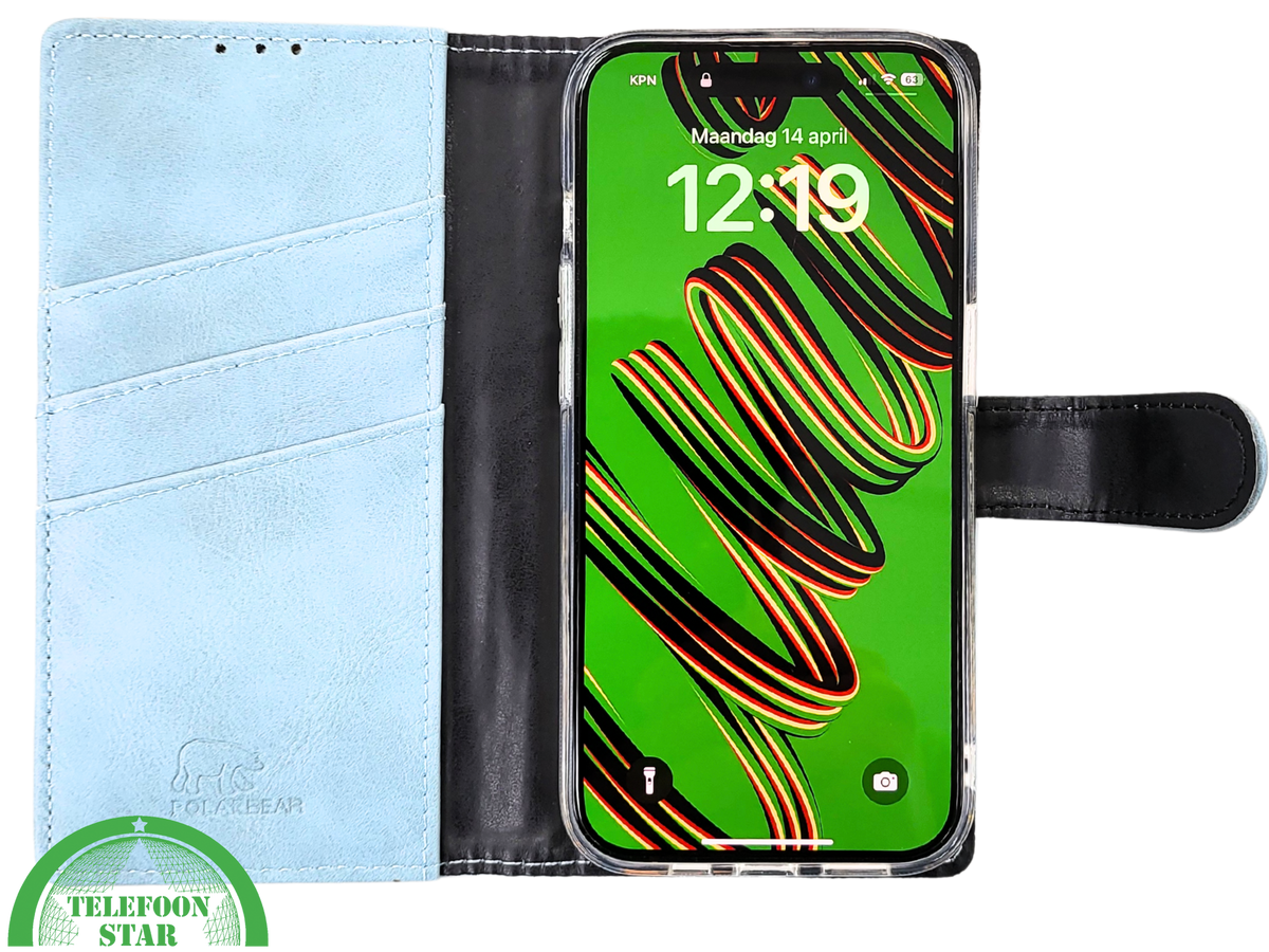 Lichtblauw Bookcase Hoesje iPhone 15 Pro Max&ndash; Fris &amp; Functioneel | Telefoonstar.nl