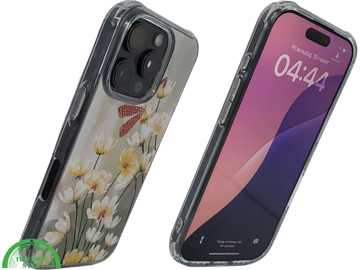 iPhone 16 Pro Transparant Hoesje Met Bloemen En Vlinder Elegante Achterkant Bescherming