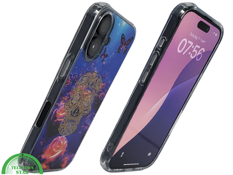iPhone 16 hoesje transparant met neon skull en vlinder design schokbestendig