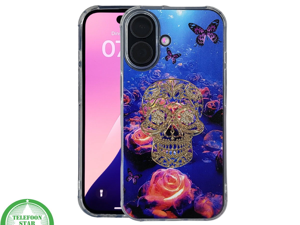 iPhone 16 hoesje transparant met neon skull en vlinder design schokbestendig