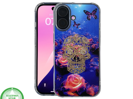 iPhone 16 hoesje transparant met neon skull en vlinder design schokbestendig