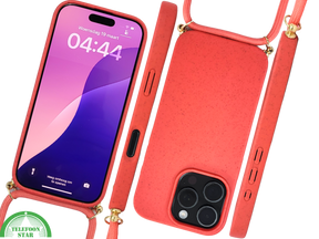 Koraalrood Koord Hoesje &ndash; Biologisch Afbreekbare Crossbody Case Met Verstelbare Draagkoord voor iPhone 16 Pro