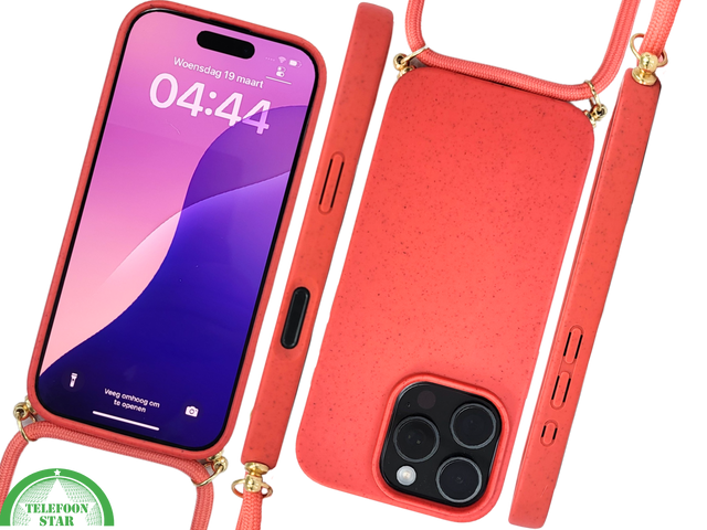 Koraalrood Koord Hoesje &ndash; Biologisch Afbreekbare Crossbody Case Met Verstelbare Draagkoord voor iPhone 16 Pro