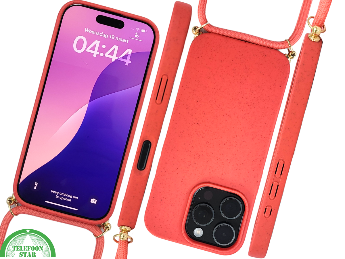 Koraalrood Koord Hoesje &ndash; Biologisch Afbreekbare Crossbody Case Met Verstelbare Draagkoord voor iPhone 16 Pro