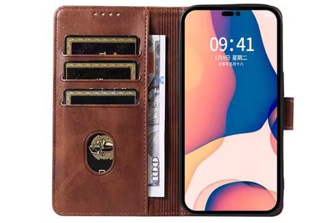 Luxe Boek iPhone 16E (2025)Bruin Leerlook Wallet Case Kaartvakken