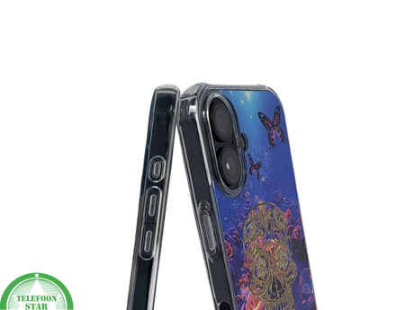 iPhone 16 hoesje transparant met neon skull en vlinder design schokbestendig