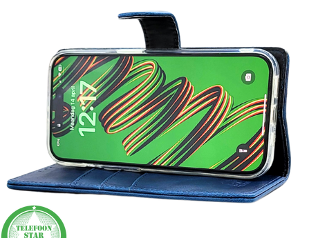 iPhone 15 Pro Bookcase Hoesje Blauw &ndash; Elegant Leren Look met Magnetische Sluiting