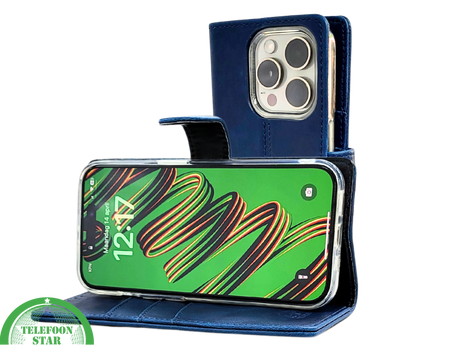 iPhone 15 Pro Bookcase Hoesje Blauw &ndash; Elegant Leren Look met Magnetische Sluiting