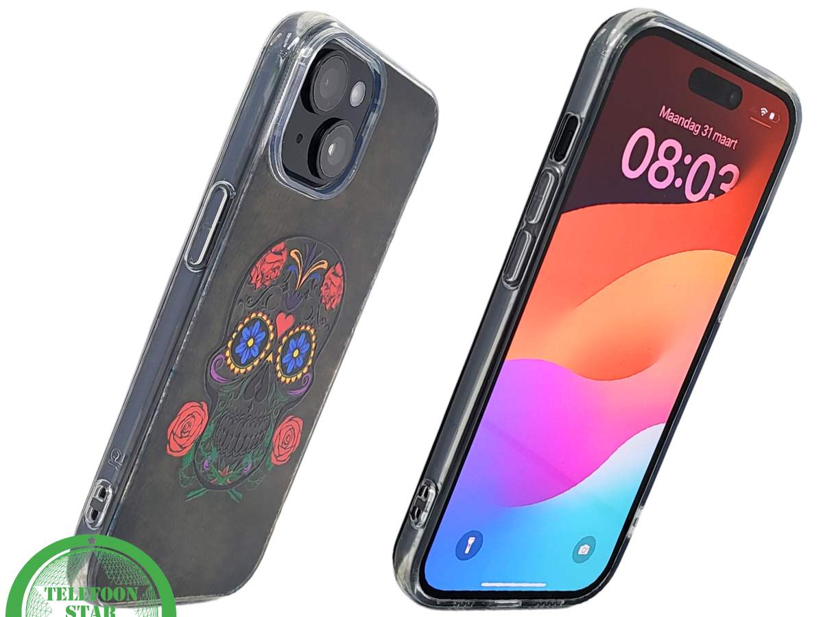 iPhone 15 Hoesje &ndash; Sugar Skull Design | Transparant, Kleurrijk &amp; Uniek