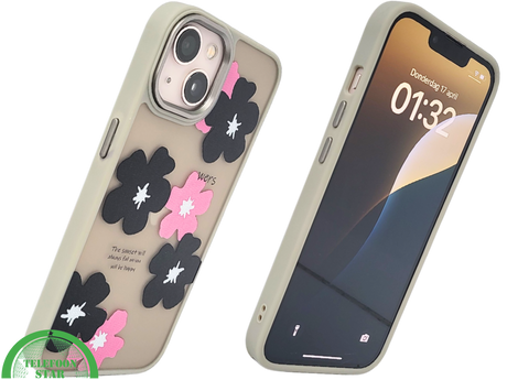 iPhone 13 / 14 Hoesje &ndash; Matgroene Rand met Bloemenprint Zwart/Roze | Telefoonstar