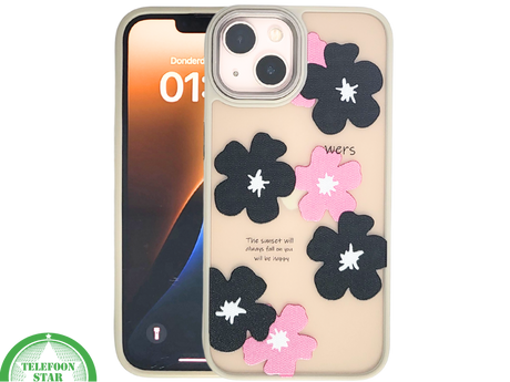 iPhone 13 / 14 Hoesje &ndash; Matgroene Rand met Bloemenprint Zwart/Roze | Telefoonstar