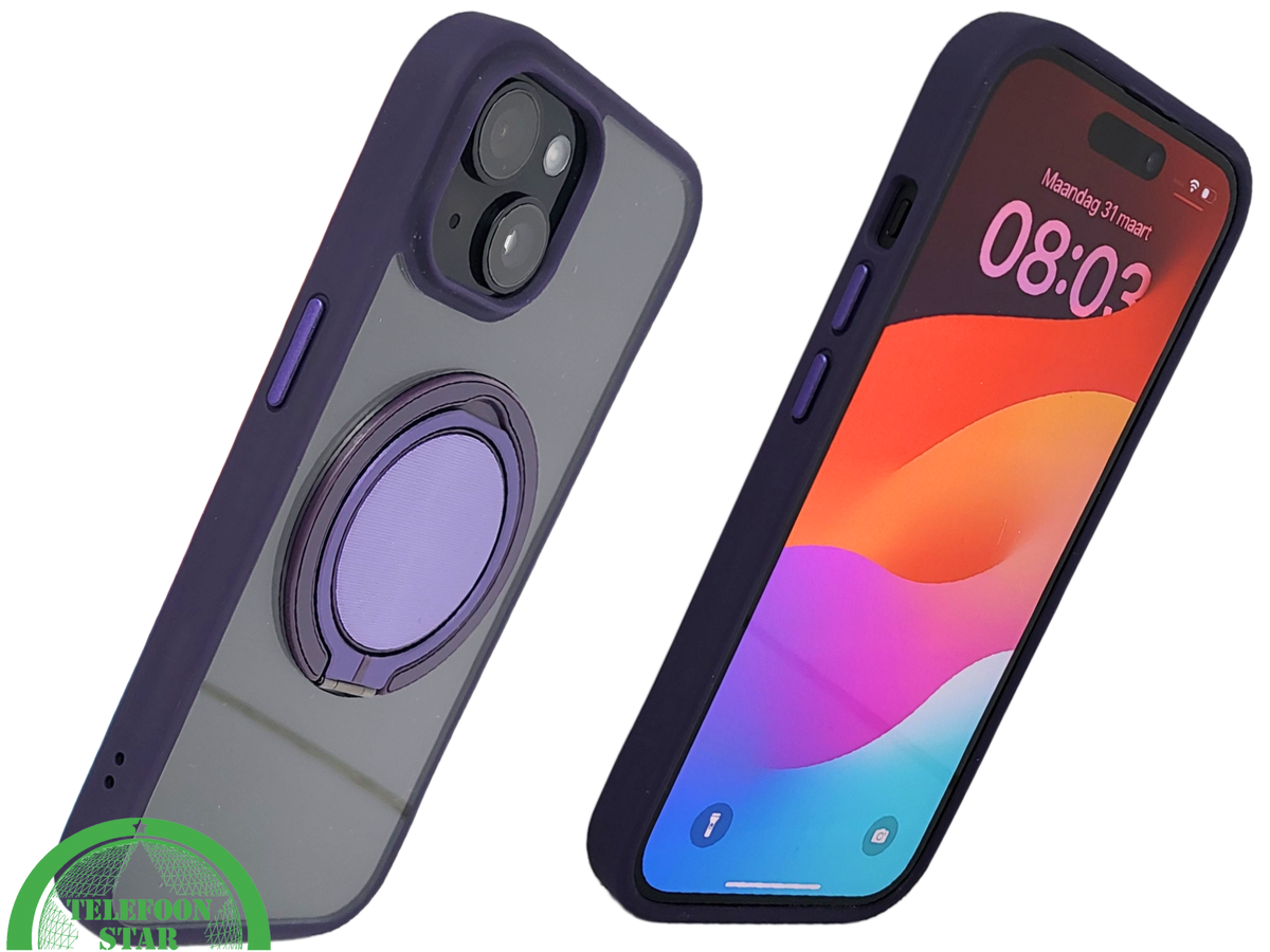 iPhone 15 Hoesje &ndash; Transparant Met Paarse Ringhouder | Stijlvol, Praktisch &amp; Betrouwbaar