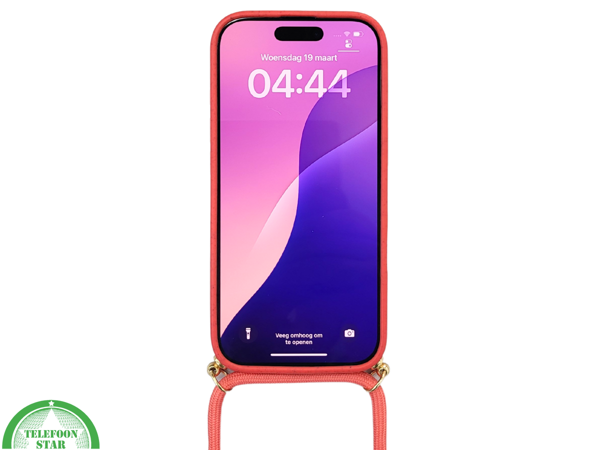 Koraalrood Koord Hoesje &ndash; Biologisch Afbreekbare Crossbody Case Met Verstelbare Draagkoord voor iPhone 16 Pro