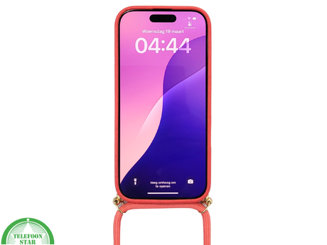 Koraalrood Koord Hoesje &ndash; Biologisch Afbreekbare Crossbody Case Met Verstelbare Draagkoord voor iPhone 16 Pro