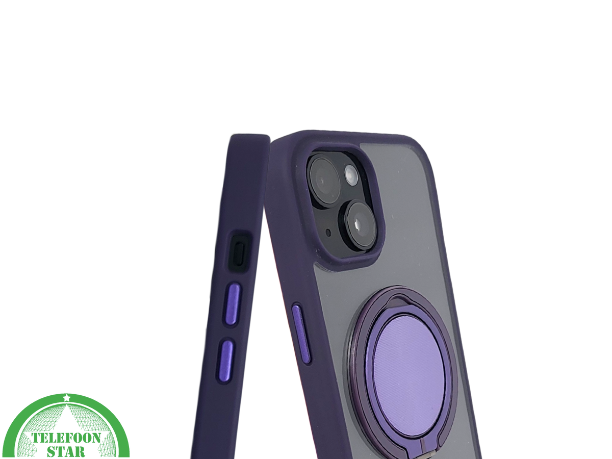 iPhone 15 Hoesje &ndash; Transparant Met Paarse Ringhouder | Stijlvol, Praktisch &amp; Betrouwbaar