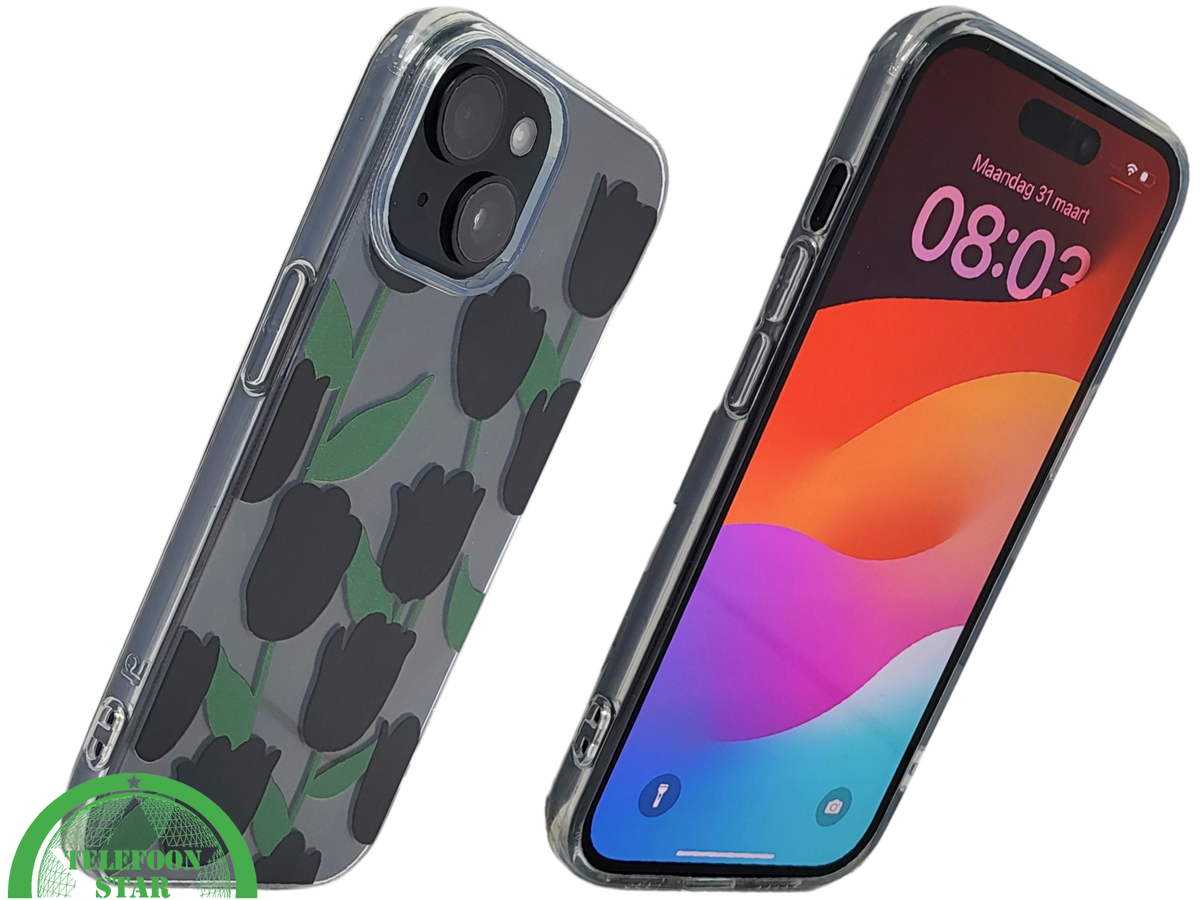 iPhone 15 Hoesje &ndash; Transparant met Zwarte Tulpenprint | Stijlvol, Nederlands &amp; Beschermend