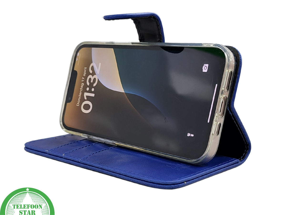 Blauw Bookcase Hoesje iPhone 13 EN 14 Wallet Case met Magneetsluiting Telefoonstar