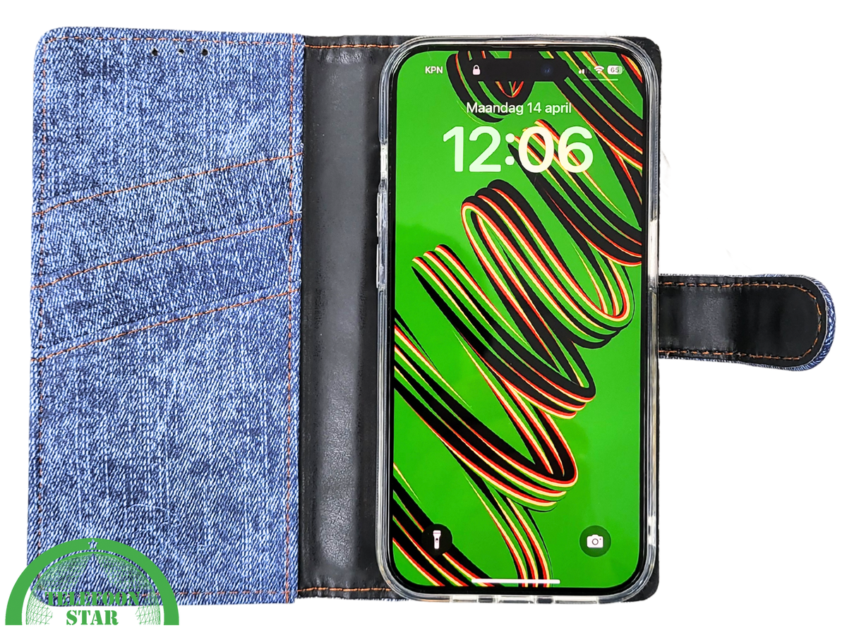 iPhone 15 Pro Jeans Look Hoesje &ndash; Stoere Bookcase met Pasjeshouder | Telefoonstar