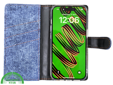 iPhone 15 Pro Jeans Look Hoesje &ndash; Stoere Bookcase met Pasjeshouder | Telefoonstar