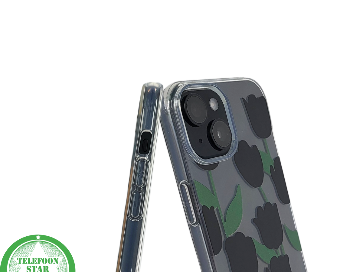 iPhone 15 Hoesje &ndash; Transparant met Zwarte Tulpenprint | Stijlvol, Nederlands &amp; Beschermend