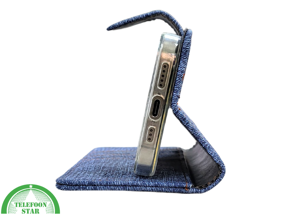 iPhone 15 Pro Jeans Look Hoesje &ndash; Stoere Bookcase met Pasjeshouder | Telefoonstar
