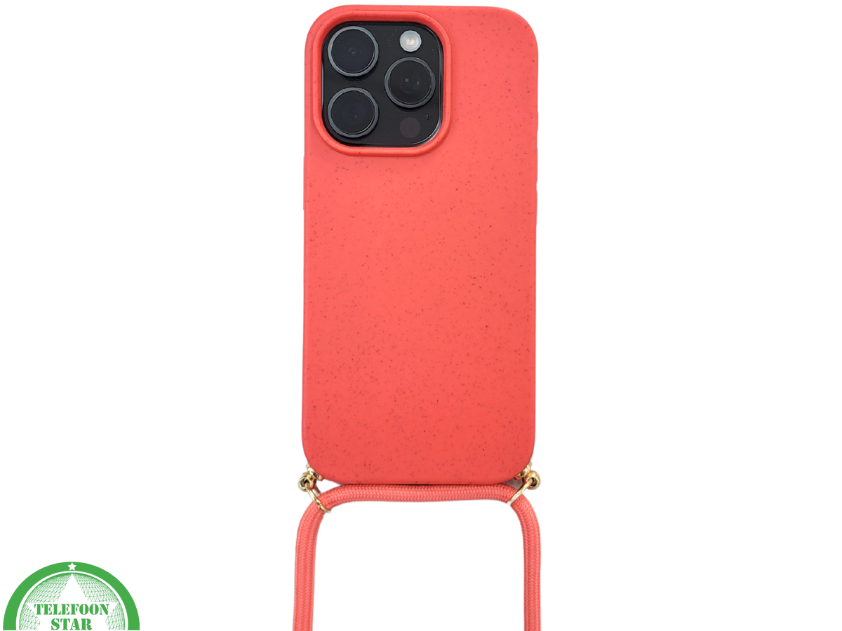 Koraalrood Koord Hoesje &ndash; Biologisch Afbreekbare Crossbody Case Met Verstelbare Draagkoord voor iPhone 16 Pro