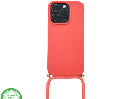Koraalrood Koord Hoesje &ndash; Biologisch Afbreekbare Crossbody Case Met Verstelbare Draagkoord voor iPhone 16 Pro